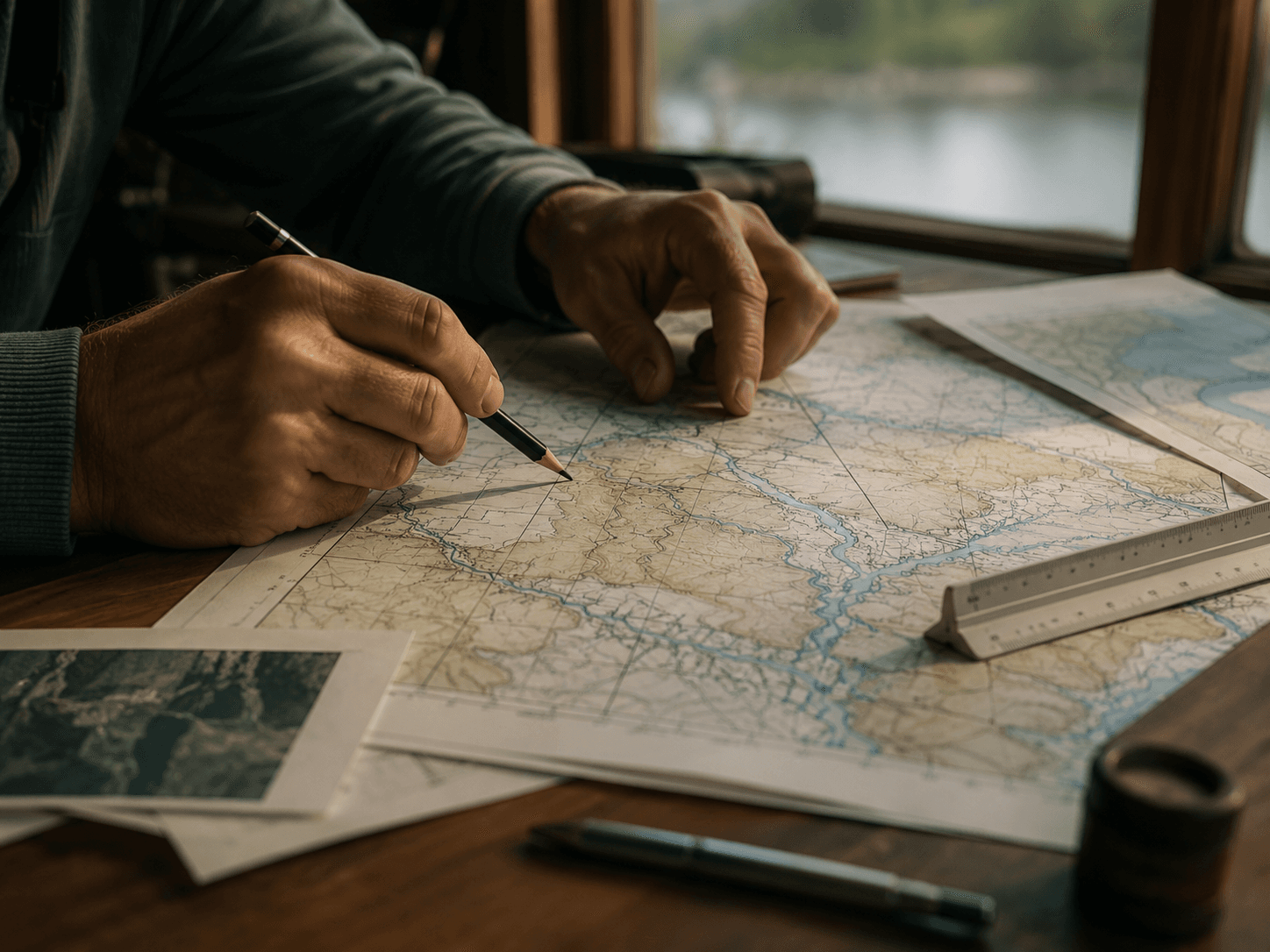 Profesional trazando sobre una carta topográfica con el curso de un río